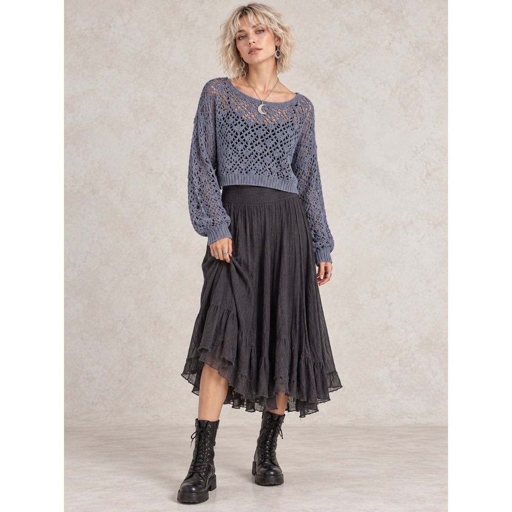 Boho Whimsigoth Patchwork Black Gray Crochet Knit Open Front Cardigan L Sweater